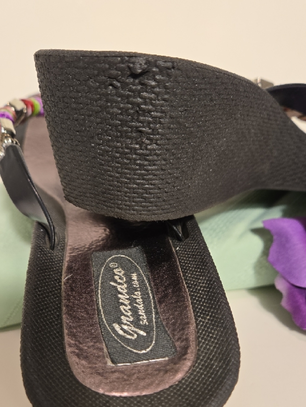 Grandco Jeweled Wedge Sandals – Black Flip‑Flops with Multicolor Stones Sz 9 - Picture 8 of 8